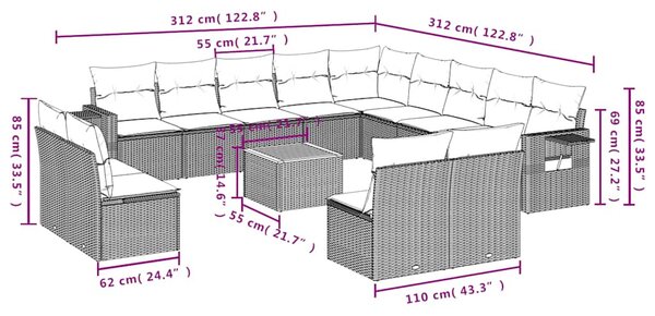 14 részes fekete polyrattan kerti ülőgarnitúra párnákkal