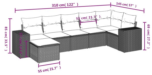 7 részes fekete polyrattan kerti ülőgarnitúra párnával