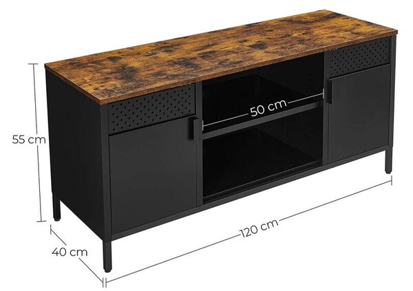 TV szekrény, 2 ajtóval, polcokkal, rusztikus barna és fekete 120x40x55cm