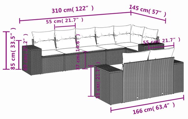 8 részes bézs polyrattan kerti ülőgarnitúra párnával