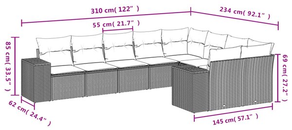 9 részes bézs polyrattan kerti ülőgarnitúra párnákkal