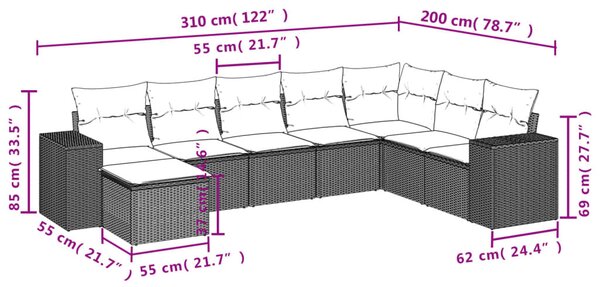 8 részes fekete polyrattan kerti ülőgarnitúra párnákkal