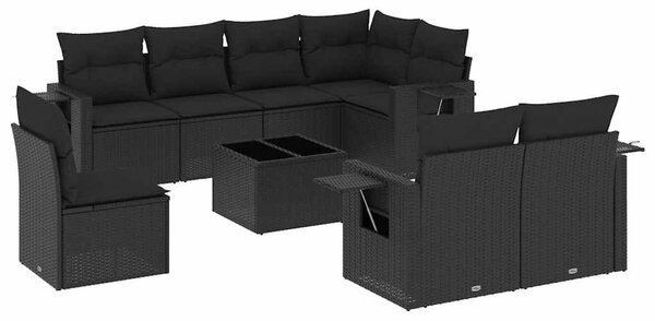 9 részes fekete polyrattan kerti ülőgarnitúra párnákkal