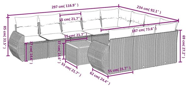 11 részes fekete polyrattan kerti ülőgarnitúra párnákkal