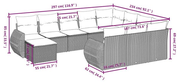 11 részes fekete polyrattan kerti ülőgarnitúra párnákkal