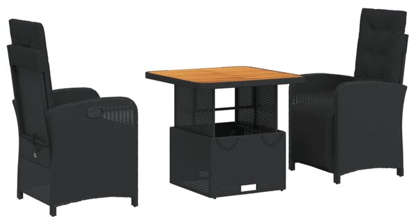 3 részes fekete polyrattan kerti étkezőgarnitúra párnákkal