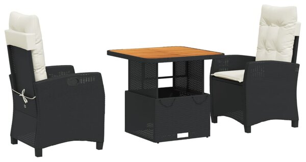 3 részes fekete polyrattan kerti étkezőgarnitúra párnákkal
