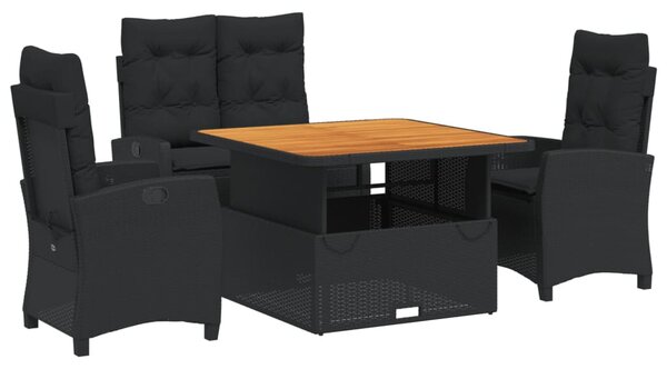 4 részes fekete polyrattan kerti étkezőszett párnákkal