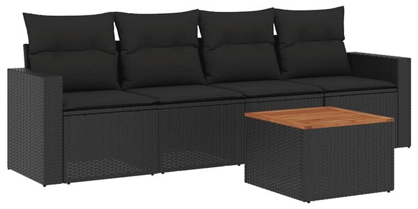 5 részes fekete polyrattan kerti kanapészett párnákkal