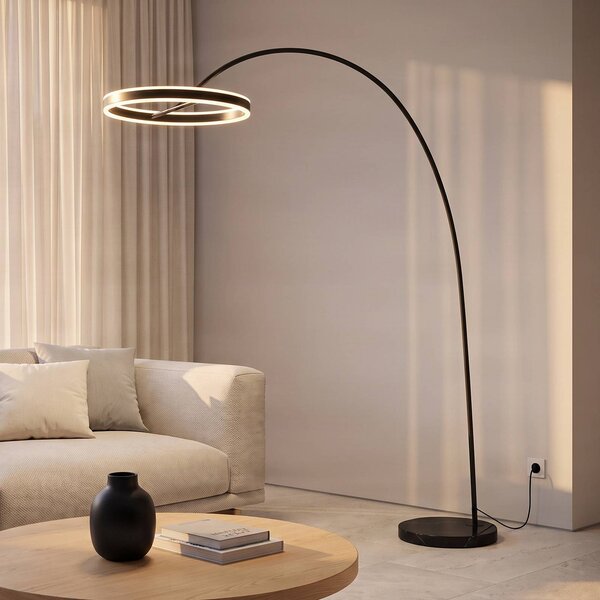 Lucande LED ívlámpa Yekta, fekete, 183 cm, dimmelhető, dimmelhető, Fekete, Nappali / Étkező, fém, Dizájn