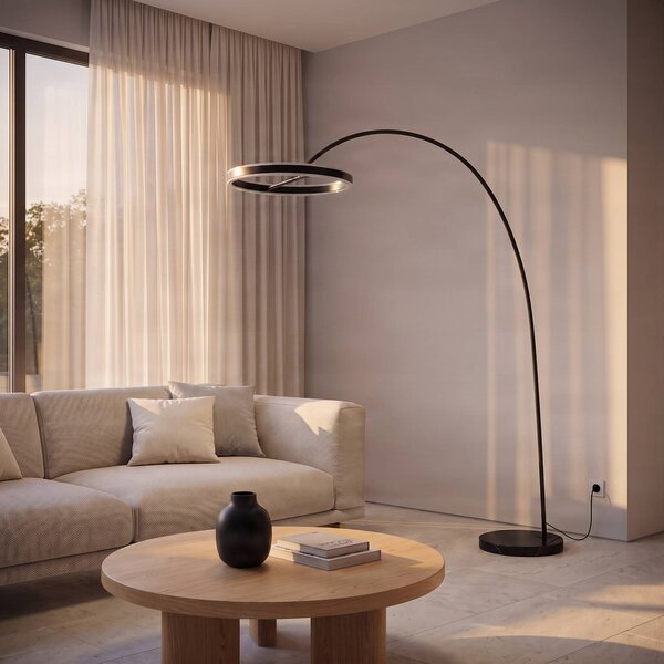 Lucande LED ívlámpa Yekta, fekete, 183 cm, dimmelhető, dimmelhető, Fekete, Nappali / Étkező, fém, Dizájn