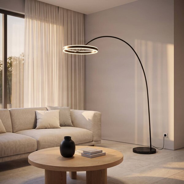 Lucande LED ívlámpa Yekta, fekete, 183 cm, dimmelhető, dimmelhető, Fekete, Nappali / Étkező, fém, Dizájn