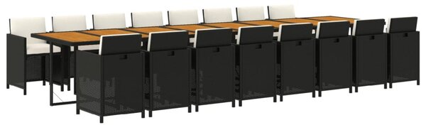 17 részes fekete polyrattan kerti étkezőgarnitúra párnákkal