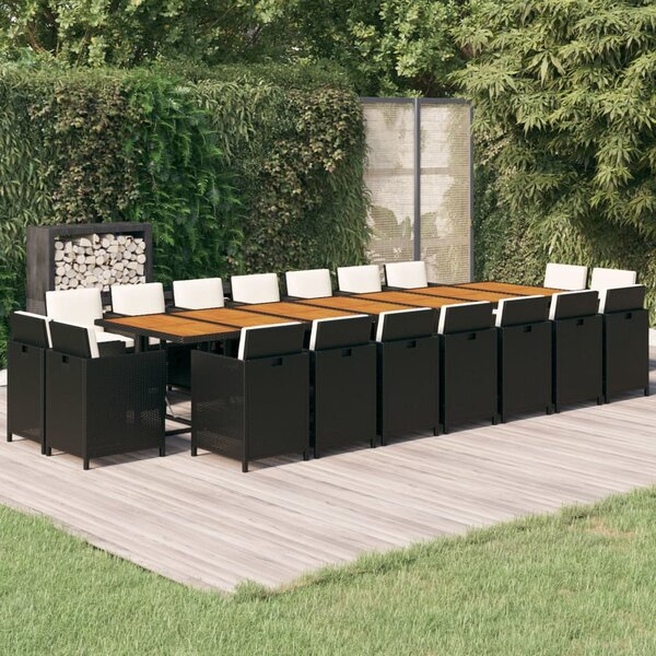 19 részes fekete polyrattan kerti étkezőgarnitúra párnákkal