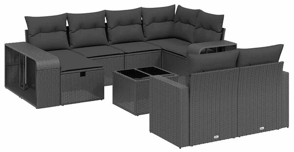 11 részes fekete polyrattan kerti ülőgarnitúra párnákkal