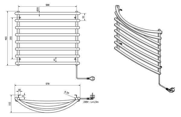 Aqualine Aqualine, Elektromos törölközőtartó, 570x465 mm, 72 W, fehér, SU110A