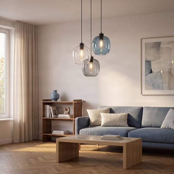 TK Lighting Elio függőlámpa, üveg, kék/tiszta/szürke, Ø 52 cm, 3 lámpás, dimmelhető, Tiszta / átlátszó, Nappali / Étkező, Üveg, Modern