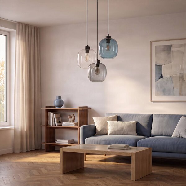 TK Lighting Elio függőlámpa, üveg, kék/tiszta/szürke, Ø 52 cm, 3 lámpás, dimmelhető, Tiszta / átlátszó, Nappali / Étkező, Üveg, Modern