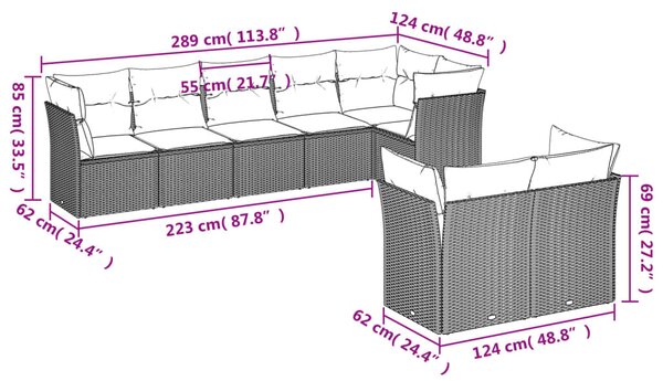 8 részes szürke polyrattan kerti ülőgarnitúra párnákkal