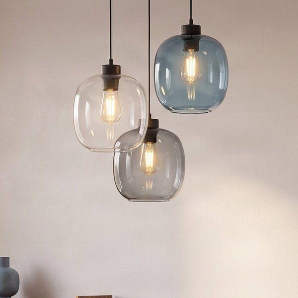 TK Lighting Elio függőlámpa, üveg, kék/tiszta/szürke, Ø 52 cm, 3 lámpás, dimmelhető, Tiszta / átlátszó, Nappali / Étkező, Üveg, Modern