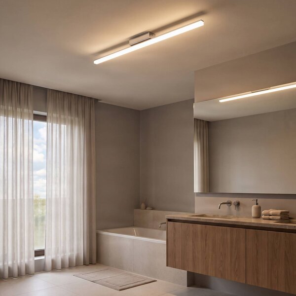 Lindby LED fürdőszobai mennyezeti lámpa Levke, 116 cm, fényerőszabályzó, IP44, dimmelhető, Fehér / opál, Fürdőszoba, Műanyag, Modern