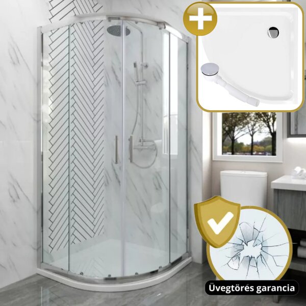 HD Elio 80x80 íves két tolóajtós zuhanykabin zuhanytálcával és króm szifonnal, krómozott elemekkel, 190 cm magas