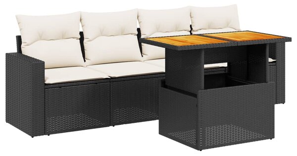 5 részes fekete polyrattan kerti kanapészett párnákkal