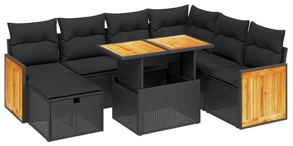 8 részes fekete polyrattan kerti ülőgarnitúra párnákkal