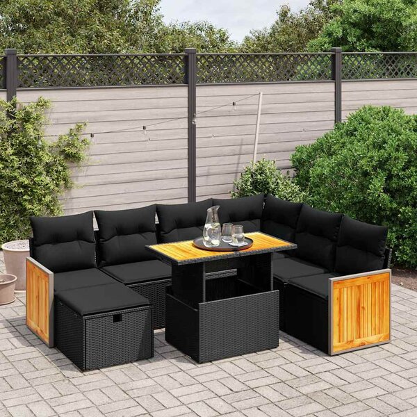 8 részes fekete polyrattan kerti ülőgarnitúra párnákkal