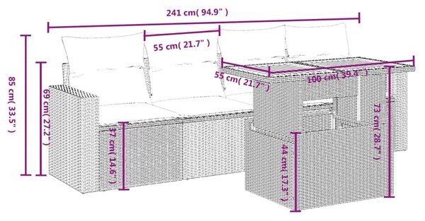 5 részes fekete polyrattan kerti kanapészett párnákkal