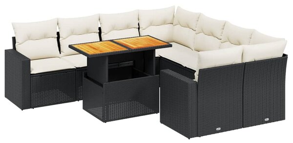 9 részes fekete polyrattan kerti ülőgarnitúra párnákkal