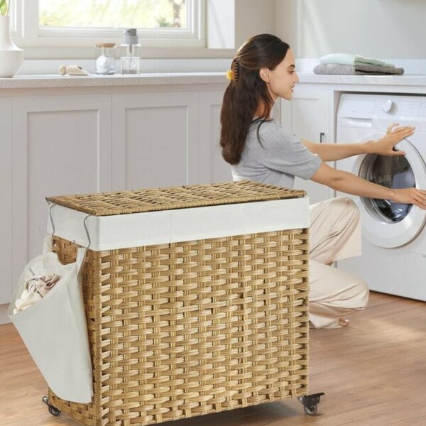AVA műrattan ruháskosár kerekekkel, 140l, természetes barna SongmicsHome
