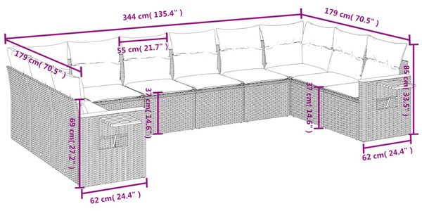 10 részes bézs polyrattan kerti ülőgarnitúra párnával