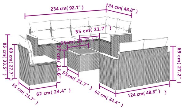 9 részes szürke polyrattan kerti ülőgarnitúra párnákkal