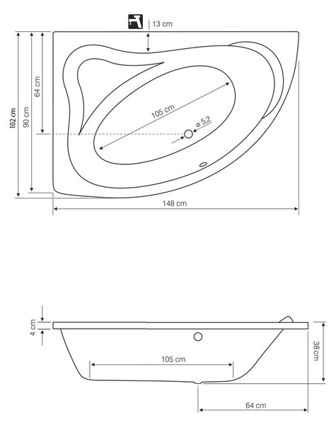 Aqualine Aqualine, ORAVA kád 150x90x38cm lábak nélkül, bal, fehér, G1590