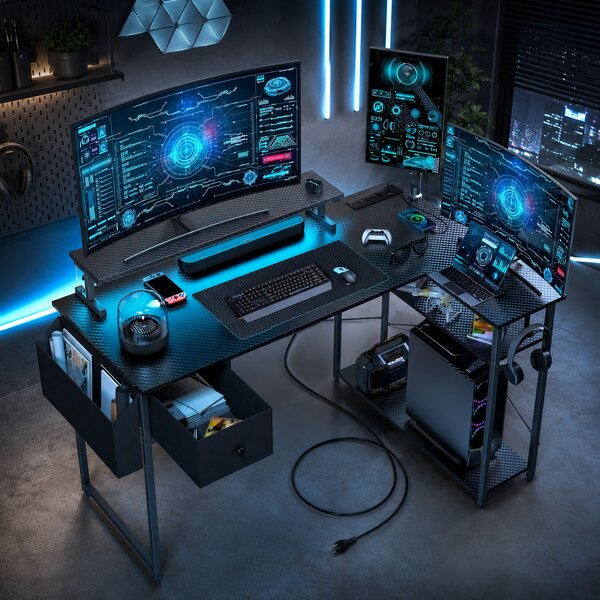 L alakú íróasztal, gamer asztal 120*83*74cm, fekete LED világítás, EU hálózati elosztóval, USB porttal (MK-1B)