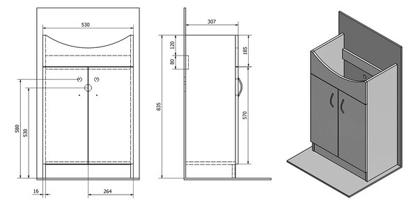Aqualine Aqualine, SIMPLEX ECO 55 mosdószekrény 53x83,5x30,7cm, SIME550