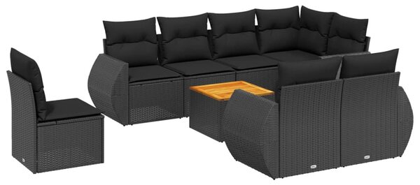 9 részes fekete polyrattan kerti ülőgarnitúra párnákkal