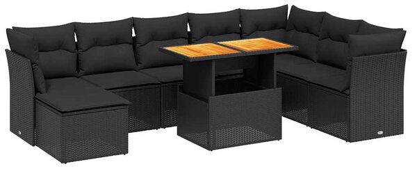9 részes fekete polyrattan kerti ülőgarnitúra párnákkal
