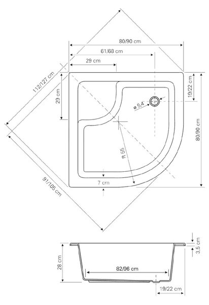 Aqualine Aqualine, akril zuhanytálca, negyed kör 80x80x28cm lábakkal együtt, R550, C83