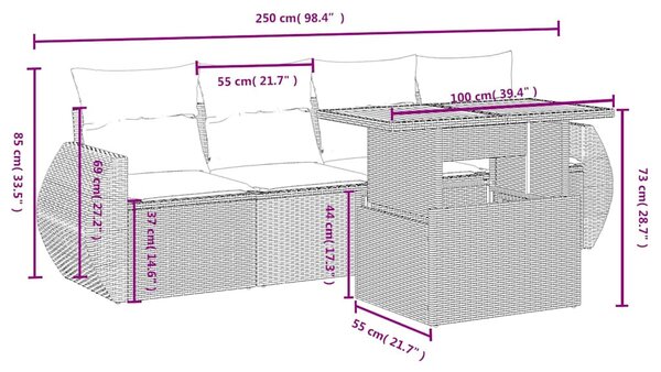 5 részes fekete polyrattan kerti kanapészett párnákkal