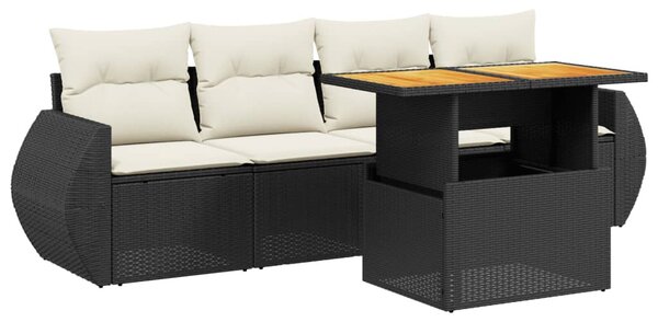 5 részes fekete polyrattan kerti kanapészett párnákkal