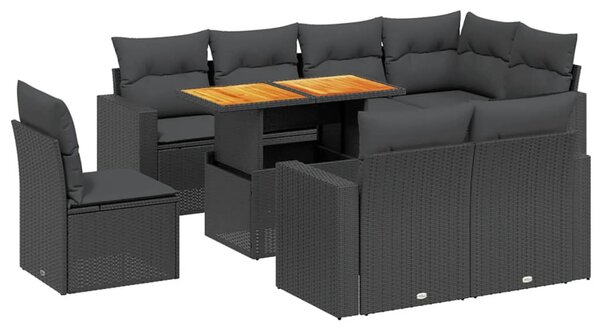 9 részes fekete polyrattan kerti ülőgarnitúra párnákkal