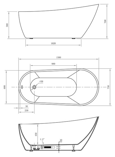 Aqualine Aqualine, TISA szabadon álló kád 150x75 cm, fehér, E1575
