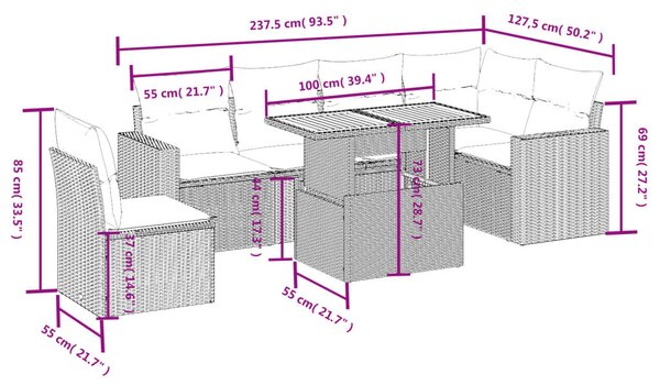 7 részes fekete polyrattan kerti ülőgarnitúra párnával