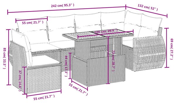 7 részes fekete polyrattan kerti ülőgarnitúra párnával