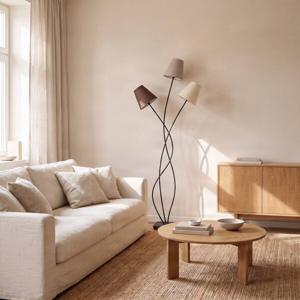Lindby Melis állólámpa, 130 cm, három izzós, textil, Krém / borostyánsárga, Nappali / Étkező, Textil / szövet / selyem, Modern