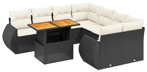 9 részes fekete polyrattan kerti ülőgarnitúra párnákkal