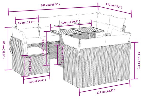 9 részes fekete polyrattan kerti ülőgarnitúra párnákkal