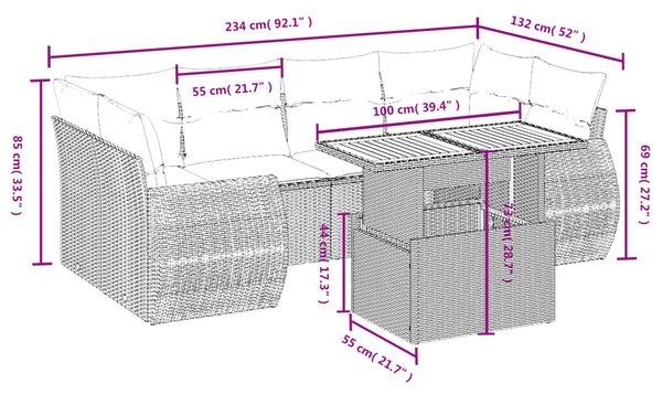 7 részes fekete polyrattan kerti ülőgarnitúra párnával